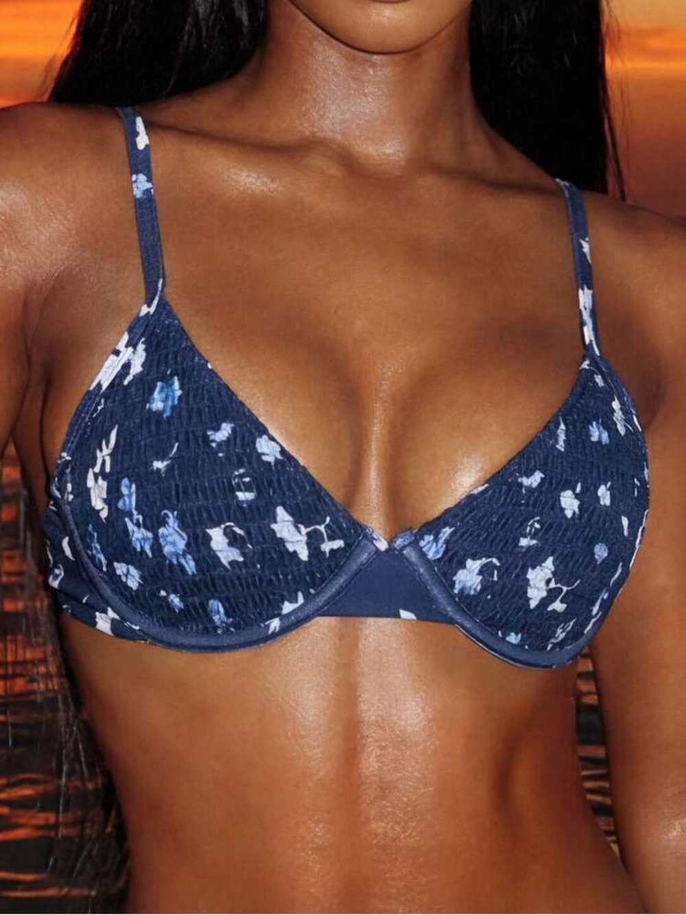 SHEIN Vaytide Summer Beach Floral Smocked Underwire Bikini Top, Size XS